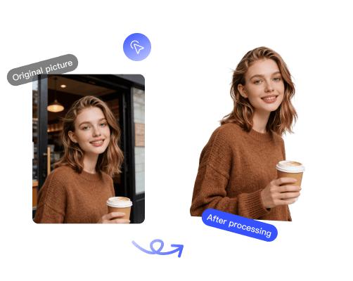 Before and after of image background removal, with hair detail preserved along the cutout edge